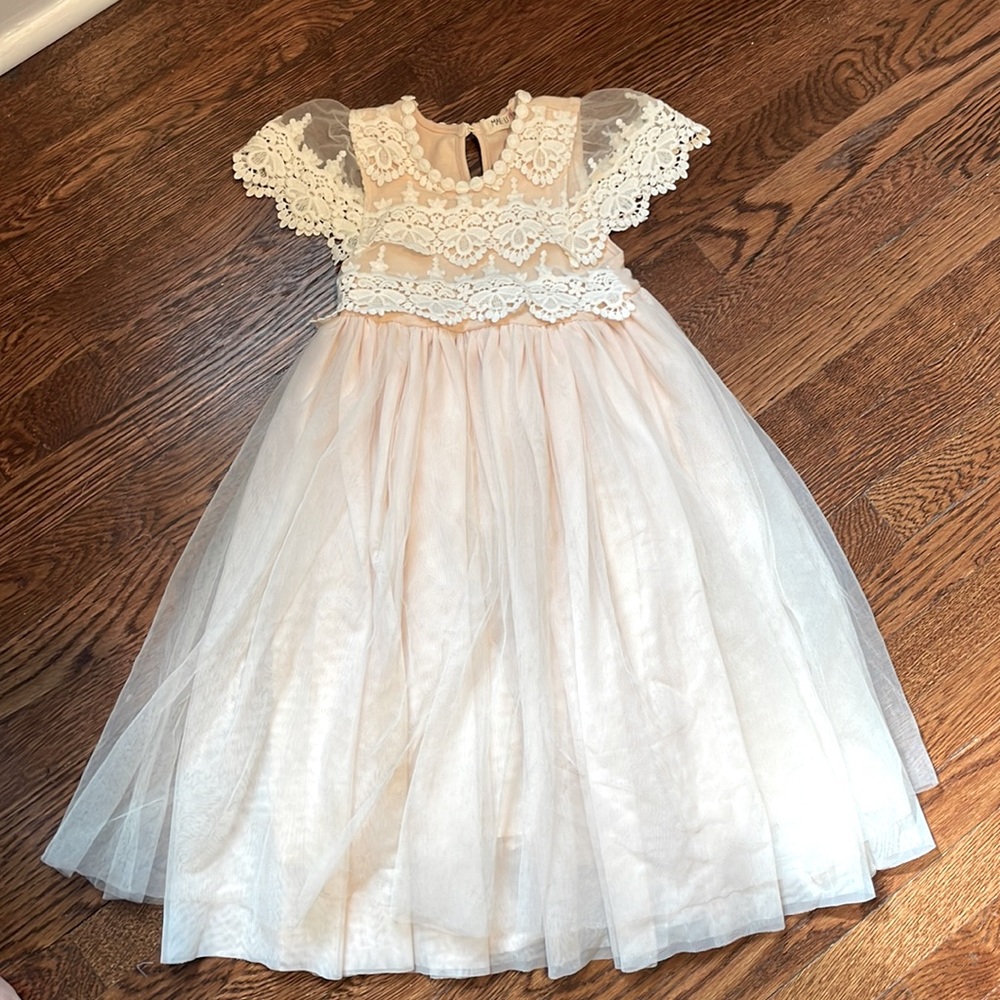 BHLDN from Anthropologie girls special occasion lace and champagne tulle dress
